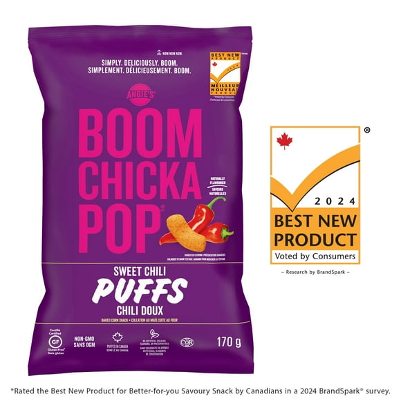 Angie’s BOOMCHICKAPOP® Gluten-Free, Non GMO, Sweet Chili Puffs, 170 g, A gluten free, Non GMO baked corn snack puffed in Canada.