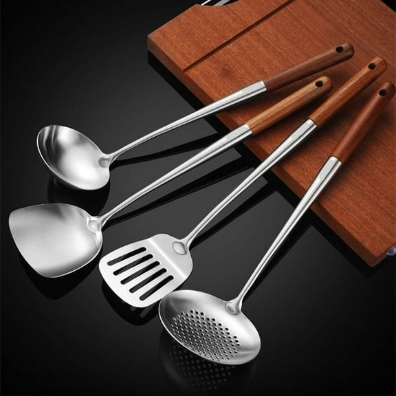 Stainless Steel Kitchen Cooking Utensils Specialty Chinese Wok Utensil Set with Skimmer Slotted Spoon, Spatula Turner, Wok Spatula and Soup Ladle for Nonstick Cookware Cooking Baking Supplies