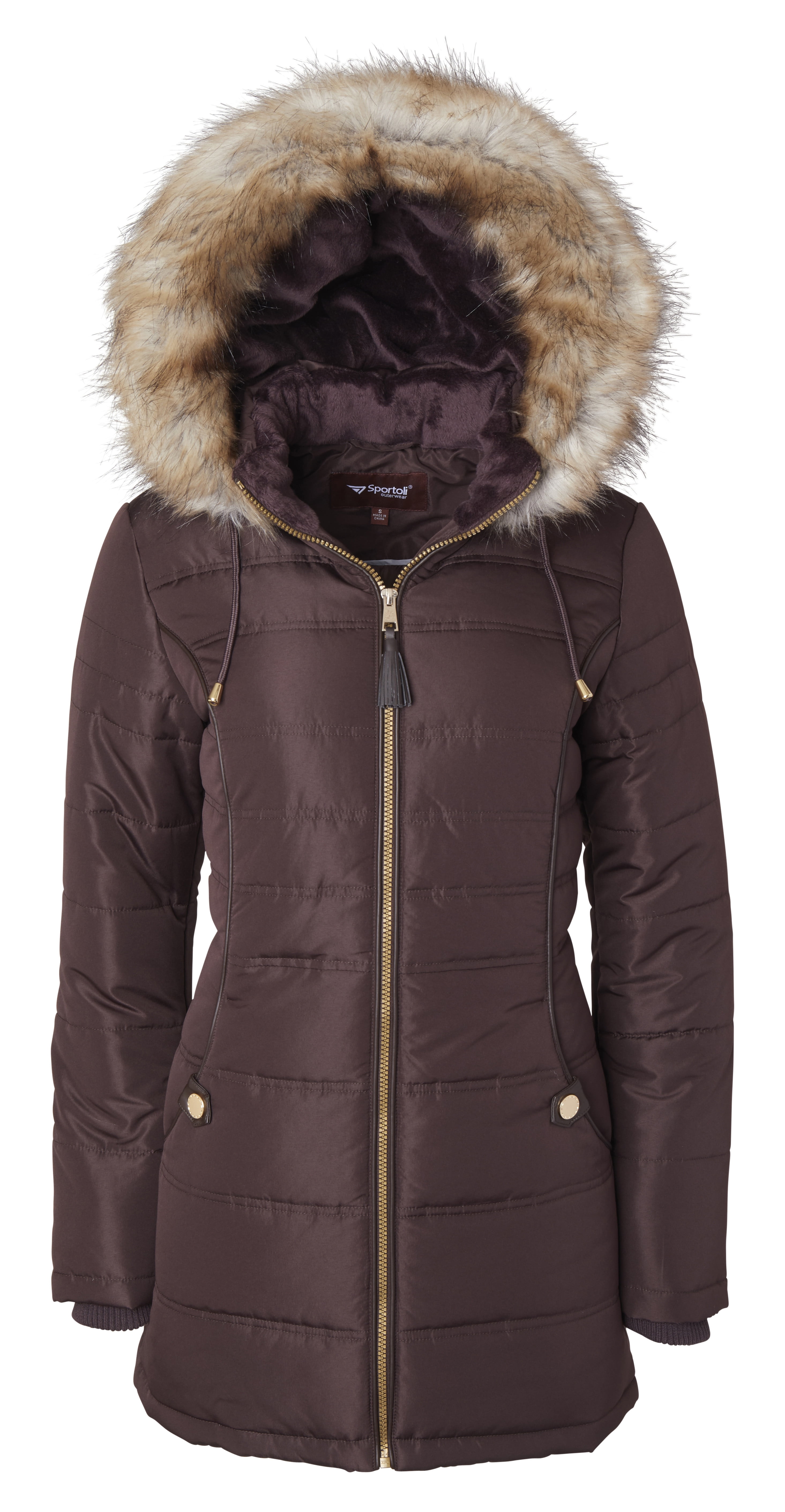 brown padded coat with fur hood