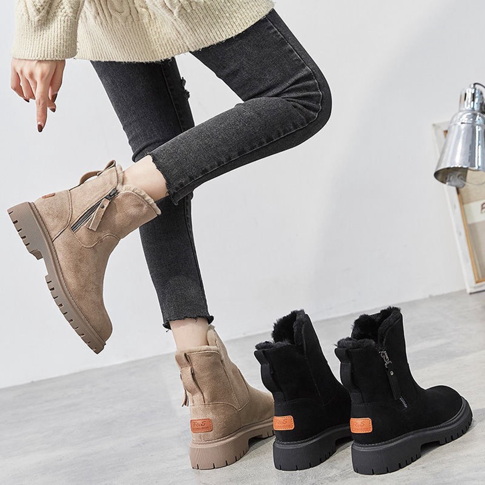 Bottes D'hiver Femme En Cuir Et Laine - Chaudes, Confortables, Talon Bloc 4 Cm, Style Décontracté - 7