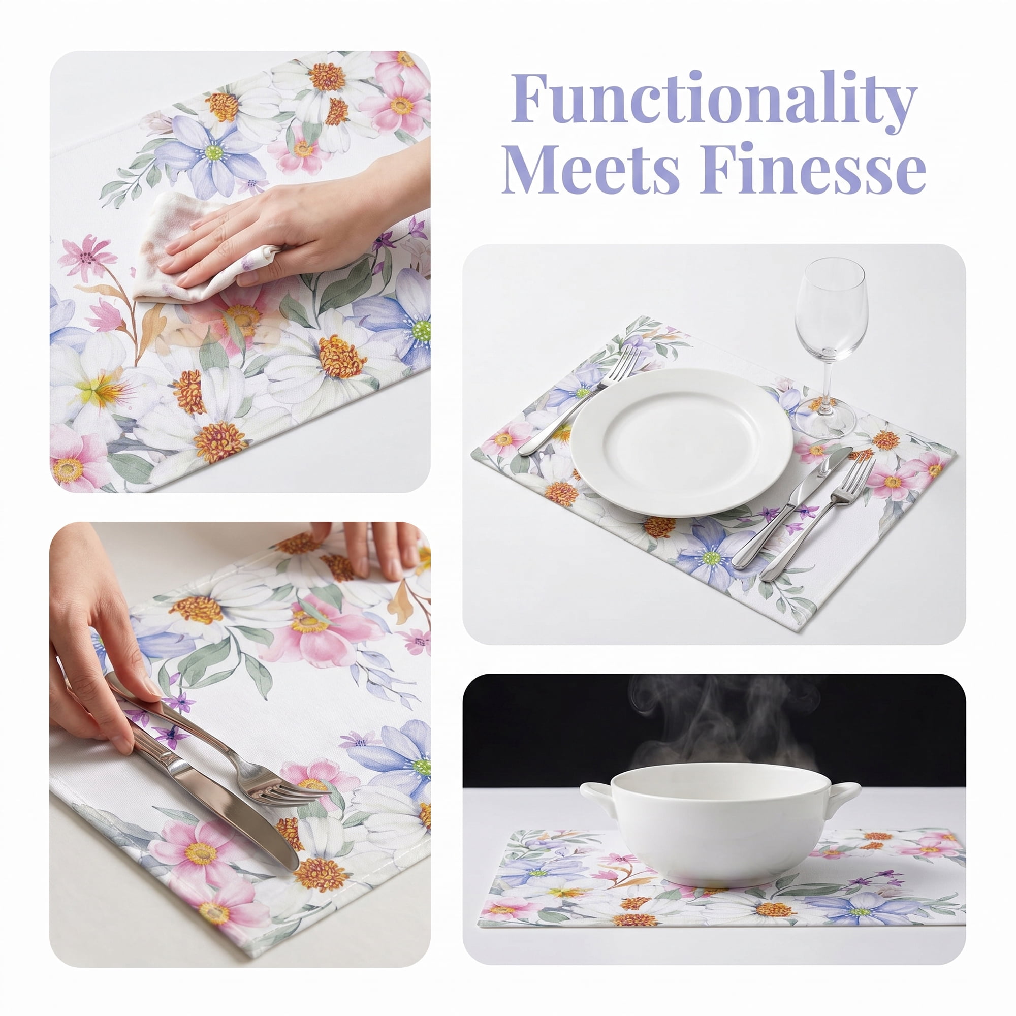 Unique Bargains Durable Farmhouse Placemats Set of 6 Linen Placemats Flowers E 18*12in
