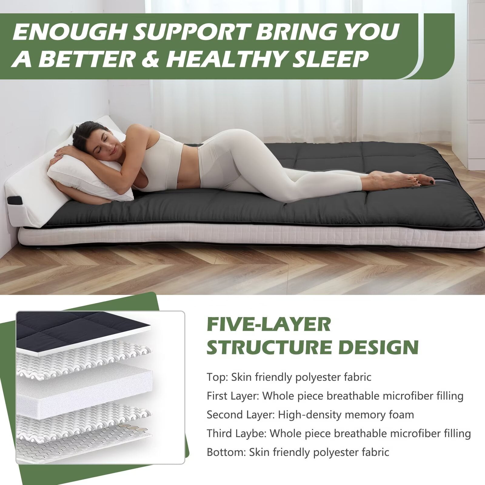 MOPHOTO Black Japanese Futon Mattress Extra Thick Folding Sleeping Pad Futon Mattress Portable Camping Mattress with Storage Bag, Twin