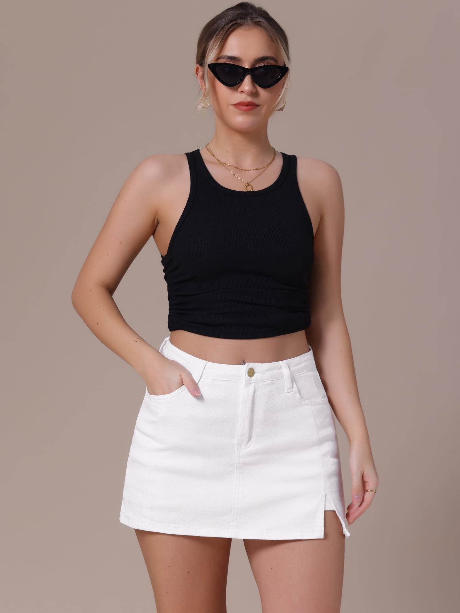 DARING DIVA Women's High Waisted A Line Stretchy Side Slit Mini Denim Skirt 2XL White