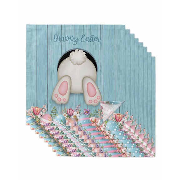 Easter Bunny Cloth Napkins Set of 8 Reusable Dinner Napkins, Colorful Eggs Cute Rabbit Blue Country Wooden Cocktail Napkin Washable Table Napkins for Wedding/Holiday Party/Baby Shower 20"x20"