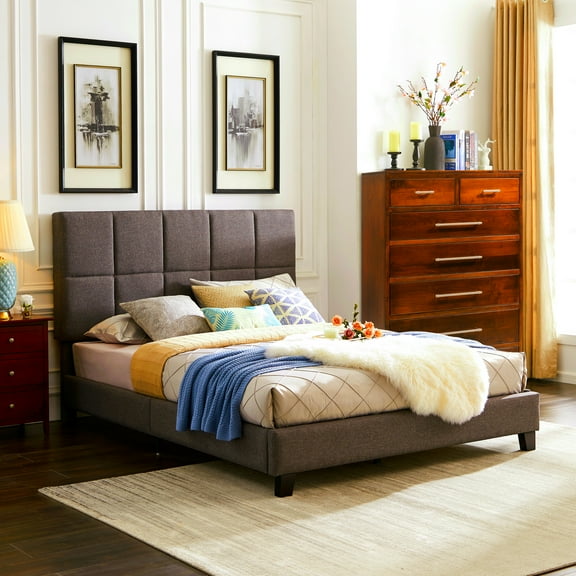 Brown Upholstered Sleigh Queen Bed