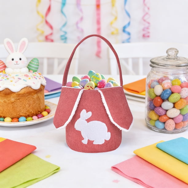 Cesta de conejo de Pascua | Bolsa de almacenamiento de caramelos de pana - Adorno festivo, decoración con huevo • Multicolor Rojo, Gris, Rosa, Azul, Púrpura, Verde | 9x9x1,8 pulgadas Gran Capacidad