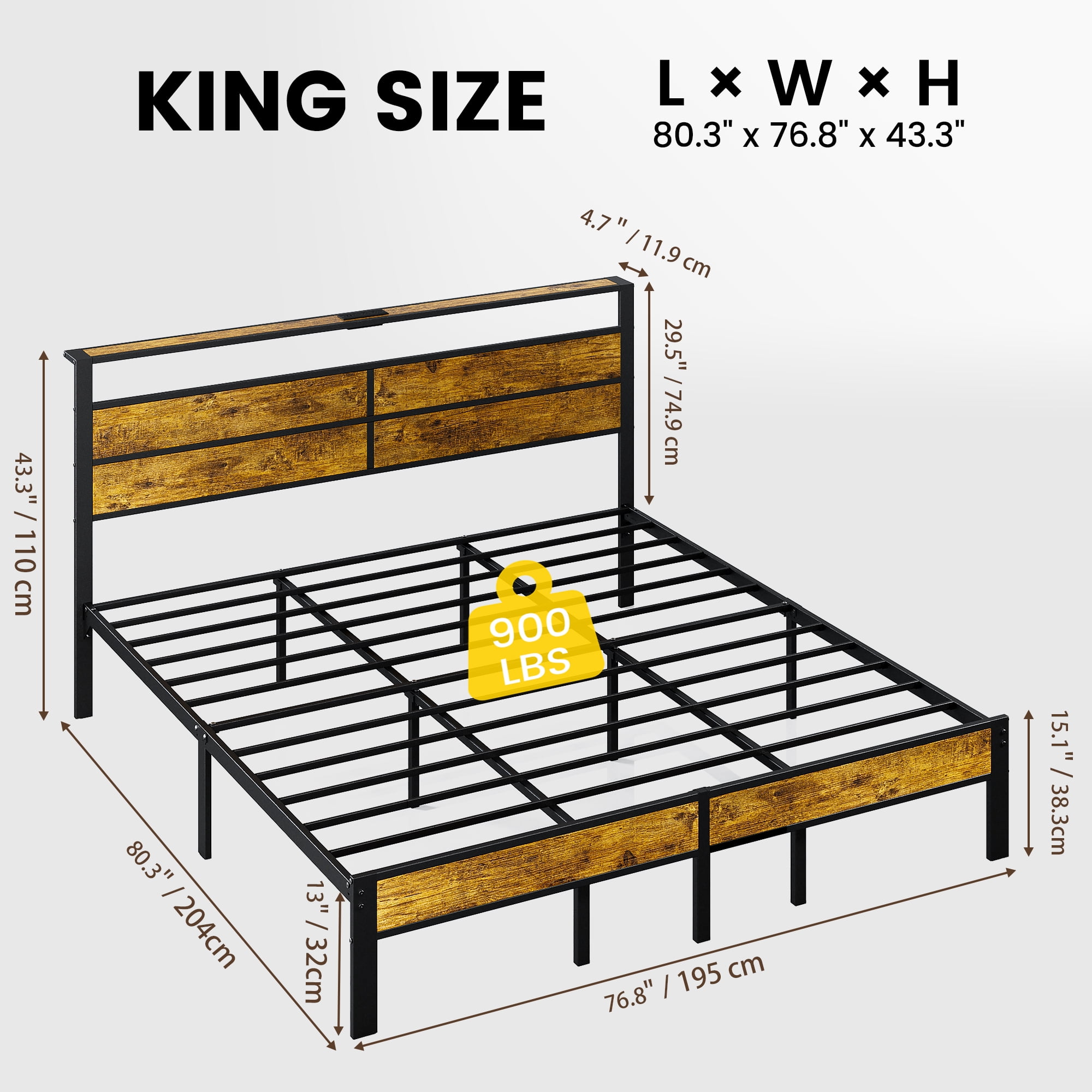 Kbun King Size Bed Frame with Headboard, LED Lights & Charging Station, No Box Spring Needed, Noise-Free, Easy Assembly