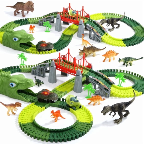 Lenbar Dinosaur Track Vehicle Playset for Kids – 225 Pcs Flexible Race Tracks, 1 Electric Dino Car with Light, 8 Dino Figures, Dinosaur Tunnel Gift for Ages 3–8