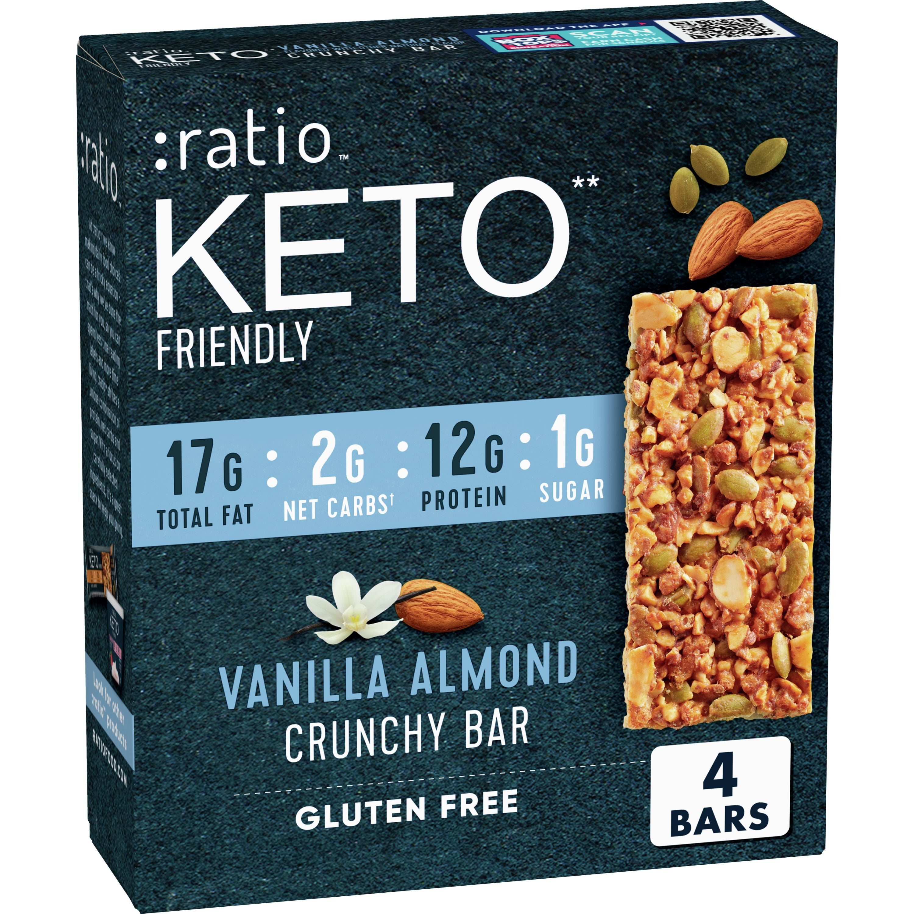 :ratio KETO Friendly Crunchy Bars, Vanilla Almond, Gluten Free Snack, 4 ct