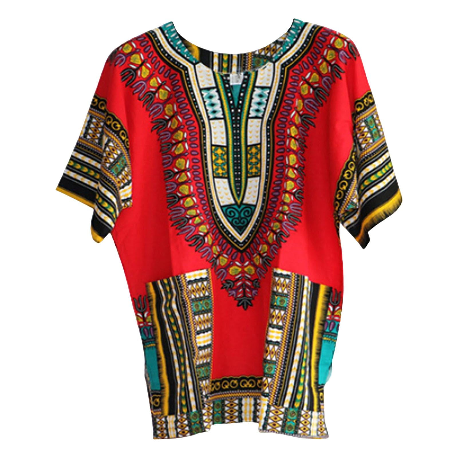 Men Women African Dashiki T Shirt Bright Colour V Neck Festival