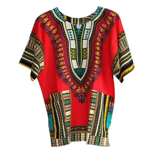 Men Women African Dashiki T Shirt Bright Colour V Neck Festival