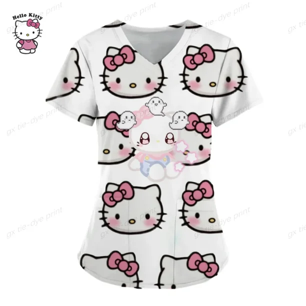 Camiseta con cuello en V para trabajadores del cuidado de Hello Kitty, ropa de trabajo de clínica, Tops de manga corta, uniforme de enfermera estampado