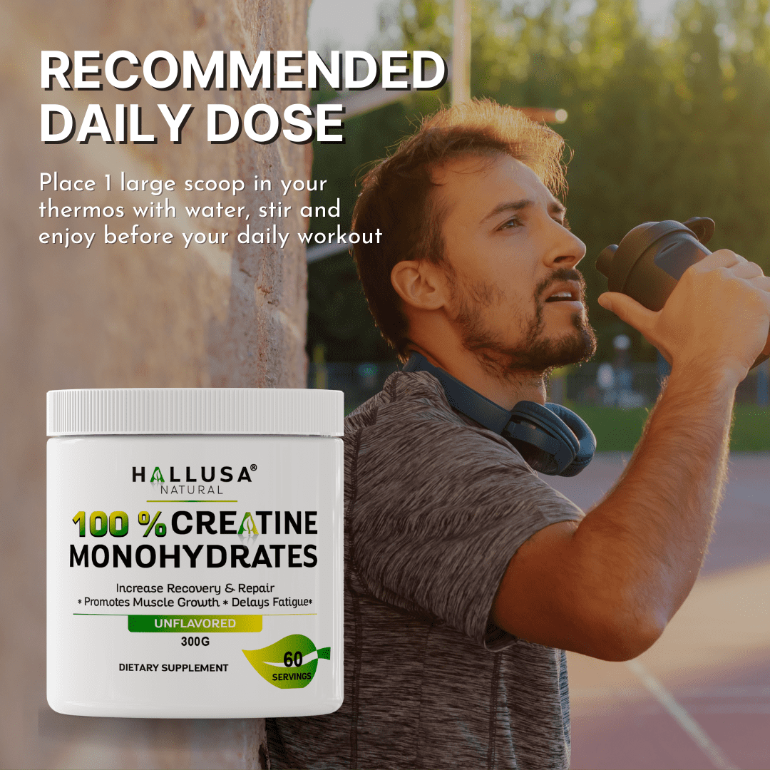Creatine Monohydrate Powder 300g – 60 Servings – Unflavored Creatine for Muscle Strength, Workout Performance, Exercise Recovery & Fitness Support – Hallusa Natural