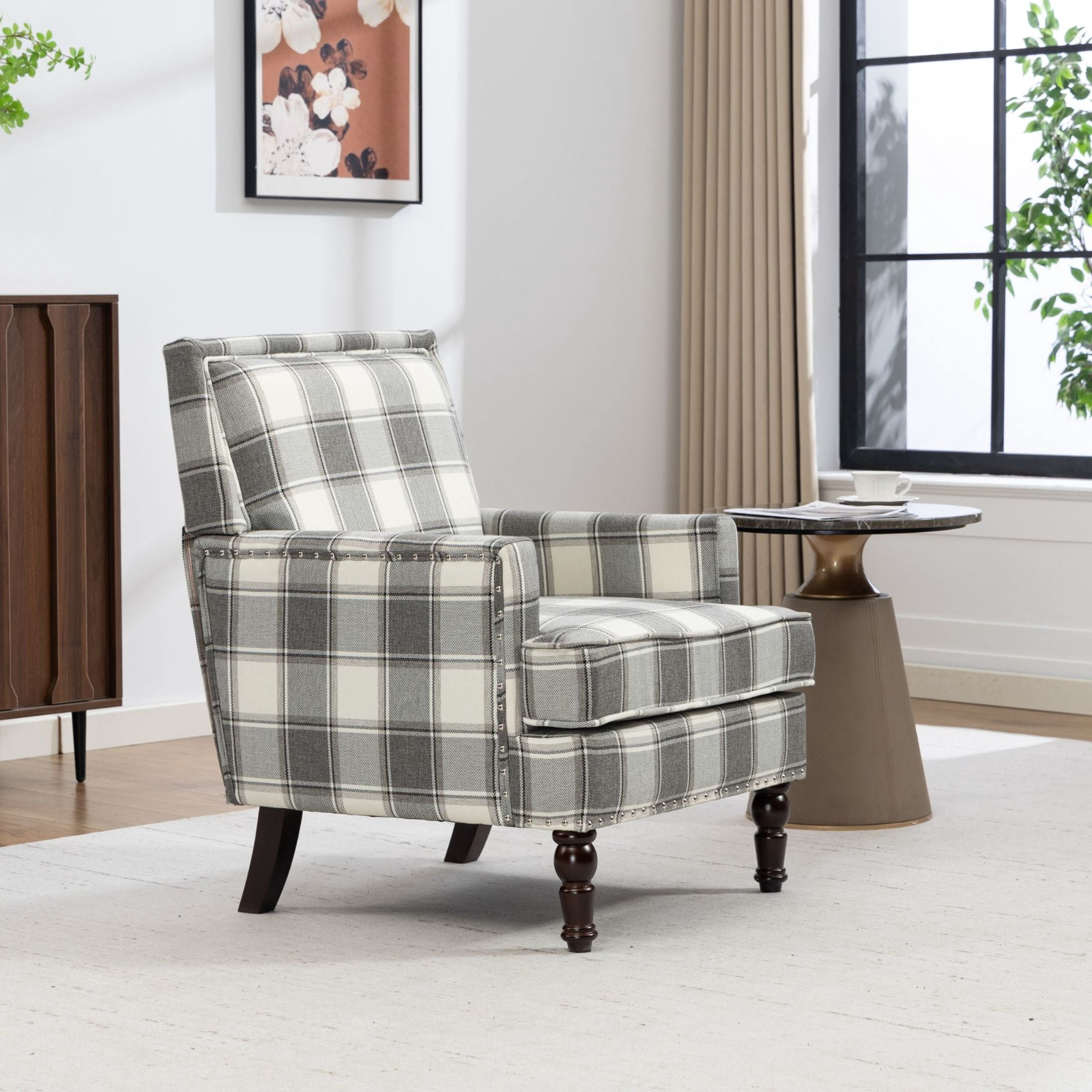 GDF Studio Zerra Vintage Upholstered Armchair with Solid Wood Legs & Nailhead Trim, Classic Stripes Accent Chair, Grey