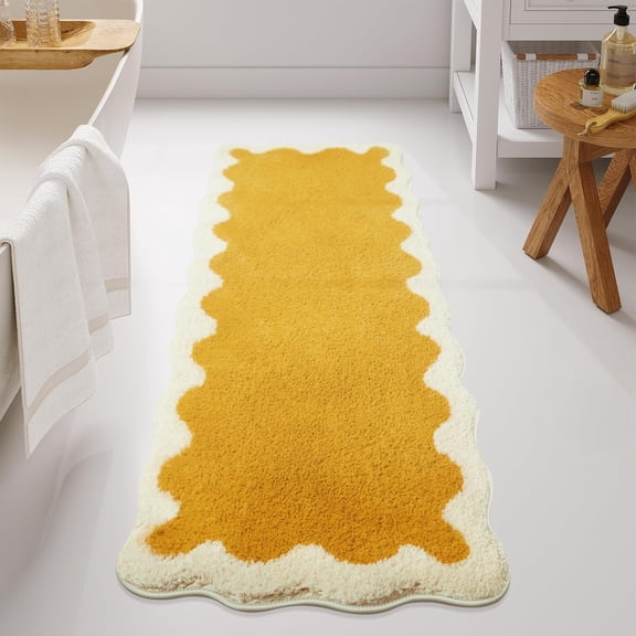 LKIFFA-Bathroom Runner Rug, Large Water Absorbent Cute Bath Mat Non Slip Washable, 24x60 Soft Irregular Shaped Shaggy Microfiber Bath Runner Rug for Floor, Bathtub, Bedroom, Yellow