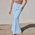 thumbnail image 5 of Yucgh Women's Solid Color Fishtail Split Skirt with Elastic Waist & Side Pockets, Swing Maxi Skirt, Casual Linen Blend Beach Skirt for Summer,Light Blue,M, 5 of 7