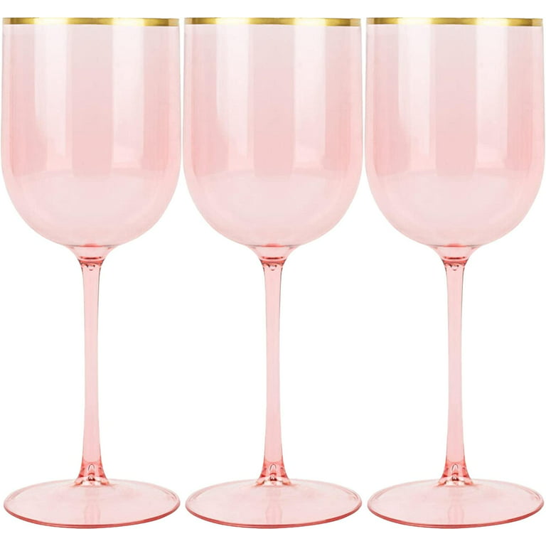 (15 PACK) EcoQuality Translucent Plastic Pink Wine Glasses with Gold Rim -  12 oz Wine Cups with Stem, Disposable Shatterproof Wine Goblets, Reusable