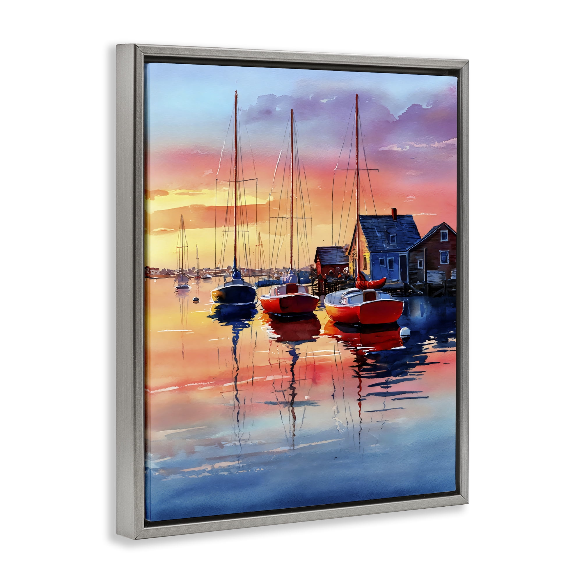 Stupell Industries Vivid Sunset at Docks Gray Framed Floater Canvas Wall Art, design by Franklyn Gregory