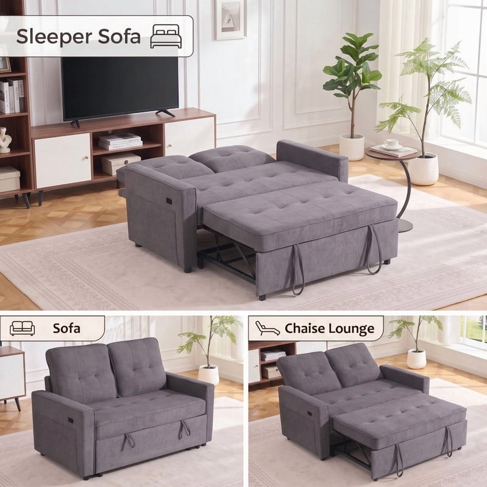 Gewnee 53" Sofa Bed, 3 in 1 Convertible Loveseat Sleeper Sofa, Pull Out Couch with USB Port, Futon Sofa Bed with Storage Pockets for Small Spaces, Teddy Fabric,Light Gray