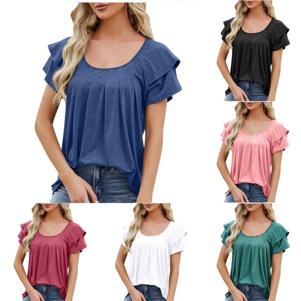 Fiudx Ofertas de La Semana Tops con Volantes de Manga Corta y Cuello Redondo Sueltos de Color Sólido para Mujer