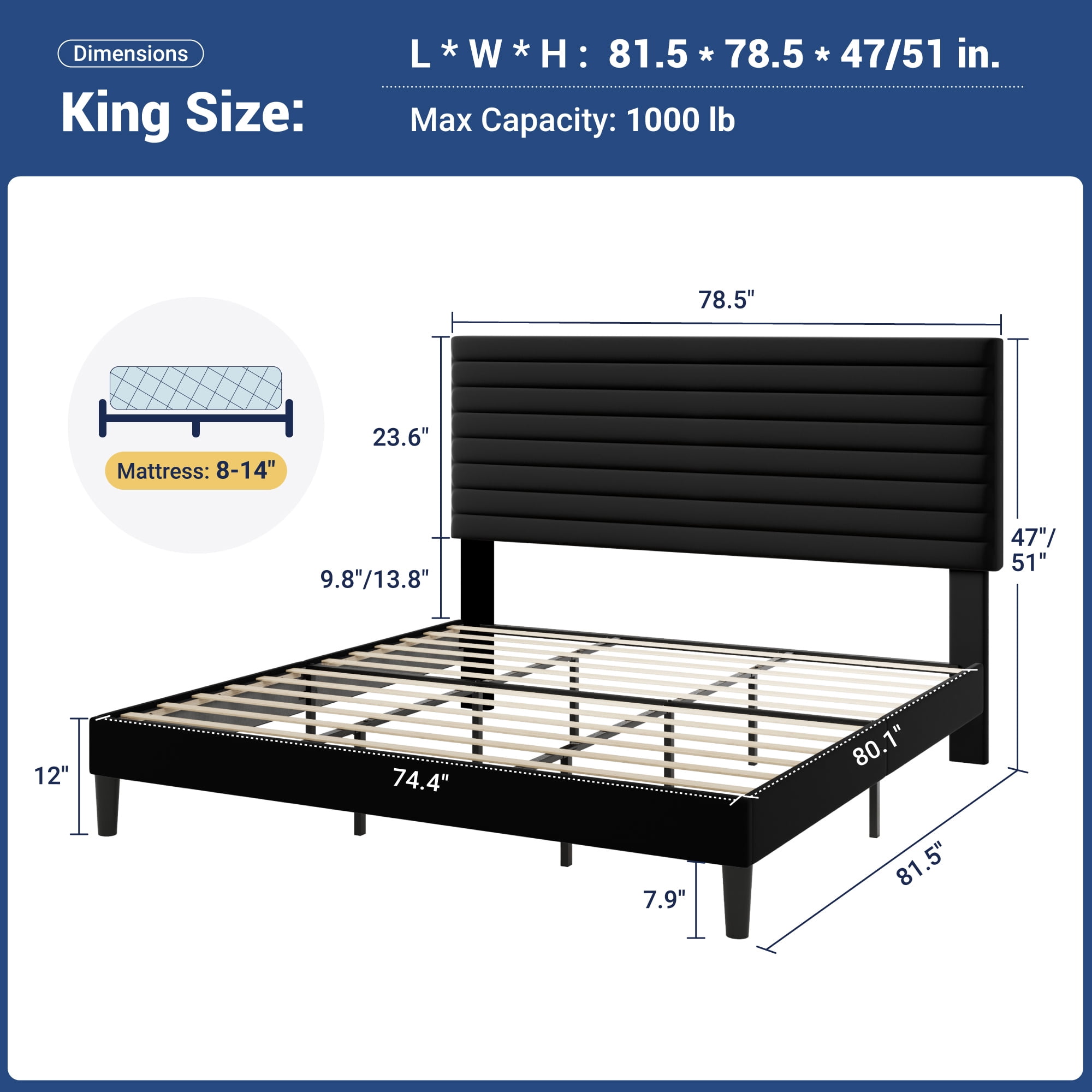 Allewie King Size Adjustable Headboard Bed Frame with 7.9'' Underbed Storage, No Box Spring Needed, Black