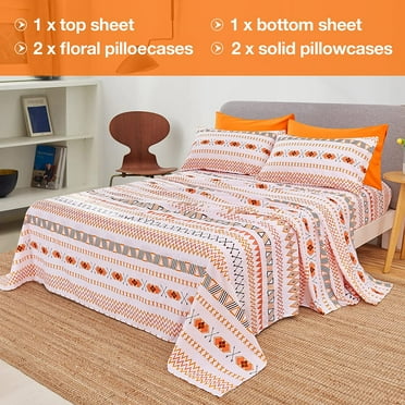 Orange Boho Printed Sheet Set King Size, 6 Piece Geometric Soft Microfiber Sheets Pillowcases Deep Pocket