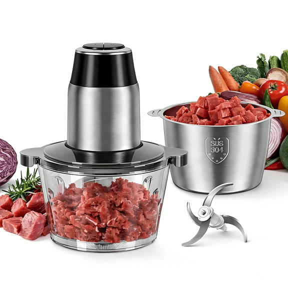 Haysky Electric Food Processors, Meat Grinder & Vegetable Chopper, 8 Cups Dual-Bowls, Stainless Steel Blades, Black