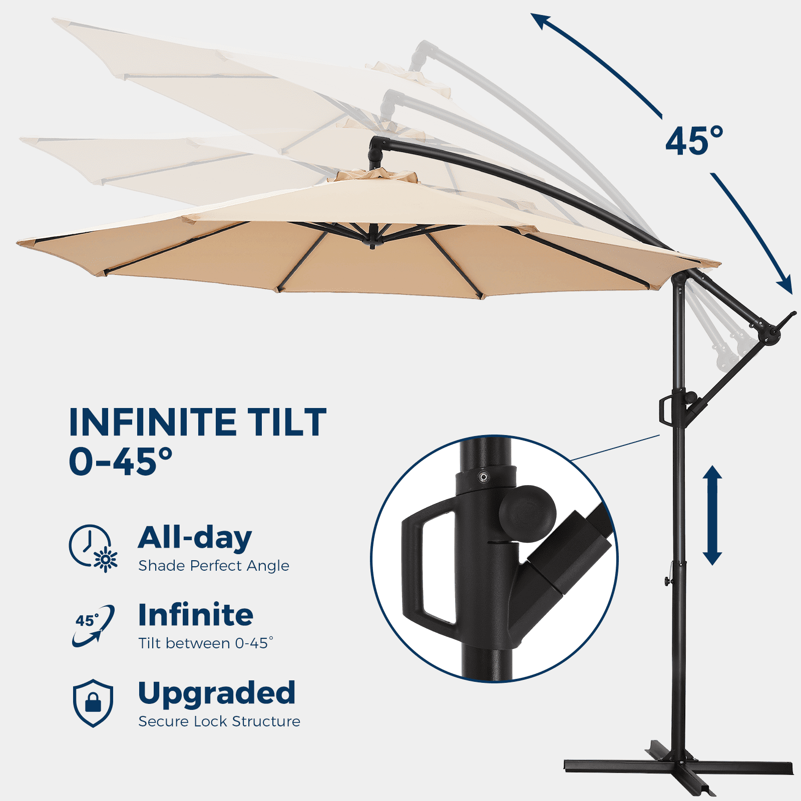 Patbrela 10ft Cantilever Patio Umbrella, 360-Degree Rotation Hanging Offset Market Outdoor Umbrella, Tilt Adjustment, for Backyard, Deck, Poolside, Beige (Base not included)