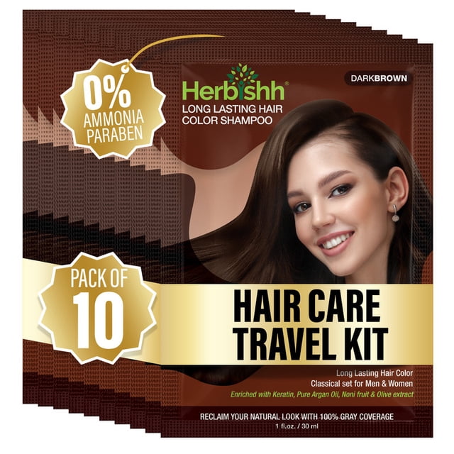 Herbishh Dark Brown Color Shampoo for Gray Hair, Hair Dye Shampoo 3 in 1, 100% Grey Coverage for Men & Women, Long-lasting & Travel-friendly, Ammonia-free, 30 ml (Pack of 10)