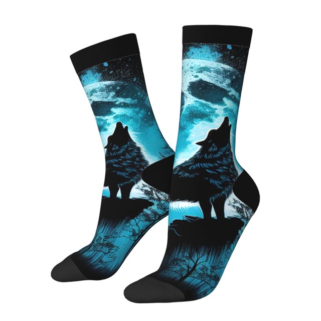 Fotbe Blue Full Moon Wolf Calcetas Largas con Estampado para Hombre y Mujer – Calcetas de Compresión Transpirables y Elásticas, Viajar y Uso Diario Talla 5-11