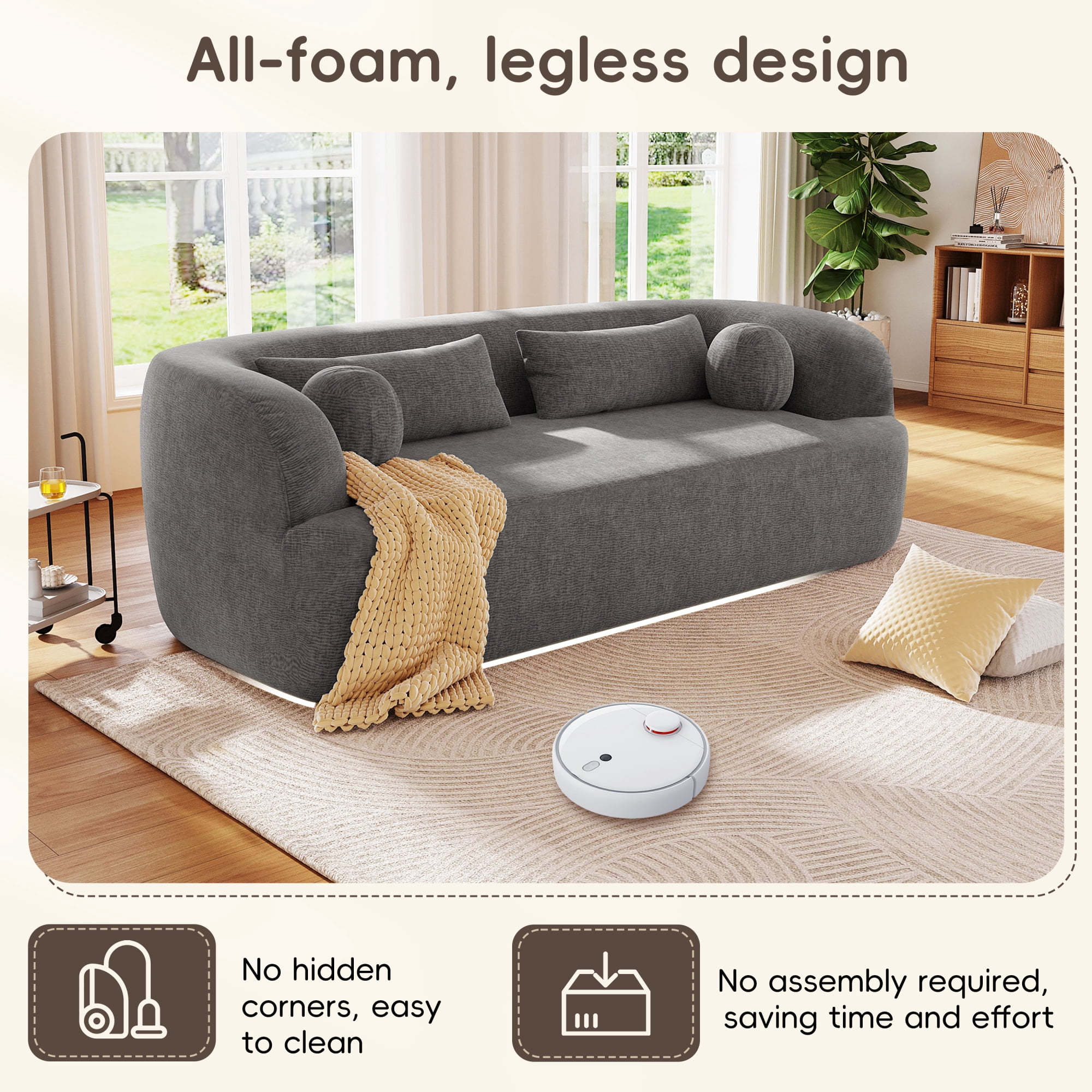 Leumius 86" Chenille Boneless Couch, Upholstered Sofa with Pillows, No Assembly Curved Cloud Couch with High-Density Foam, 3-Seater Luxury Modern Compressed Sofa for Living Room&Apartment Gray