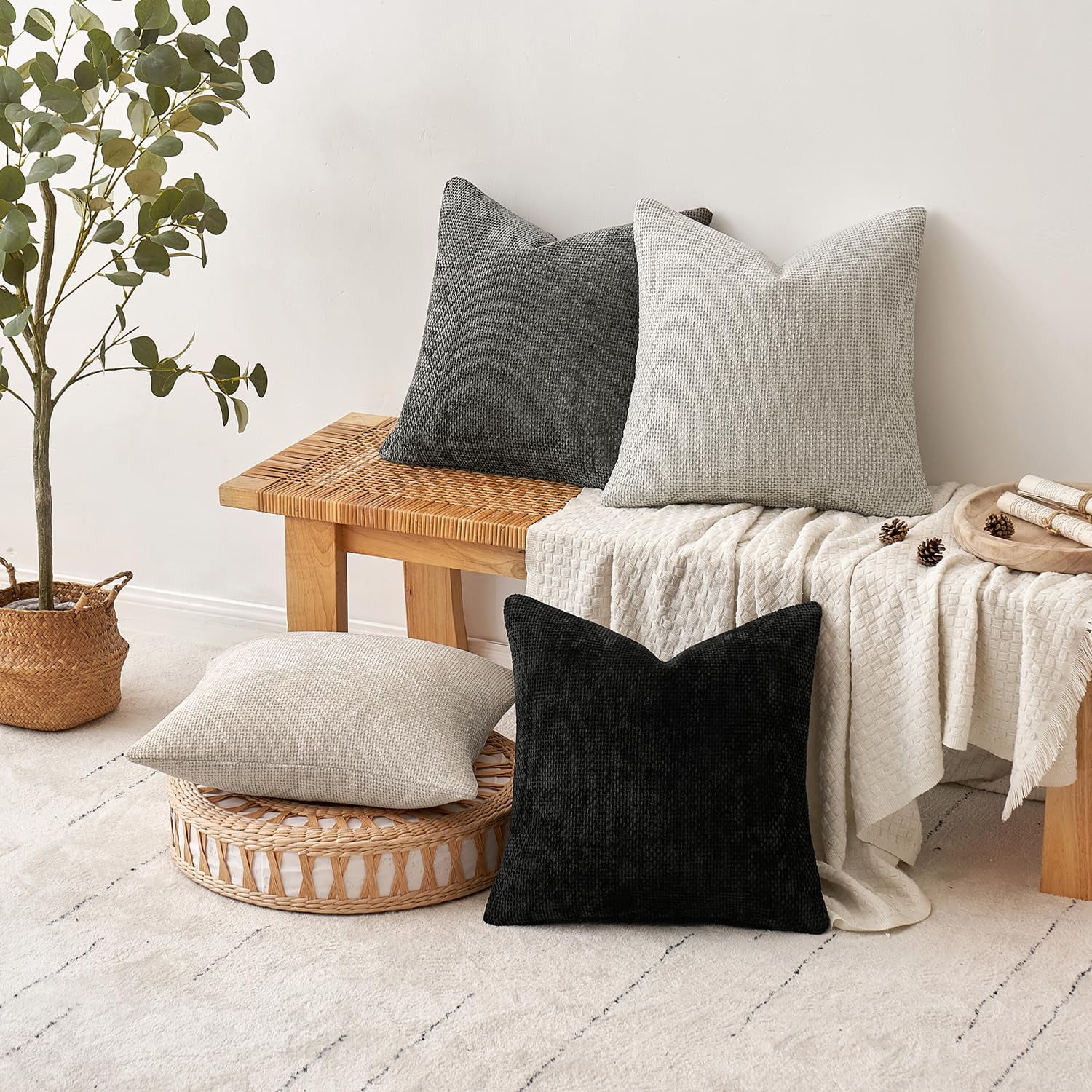 Lomyolo Set of 4 Chenille Pillow Covers - 18x18 Inch Soft Farmhouse Decor for Couch, Sofa, Bedroom Spring Summer Farmhouse Accent Boho Cushions Decor