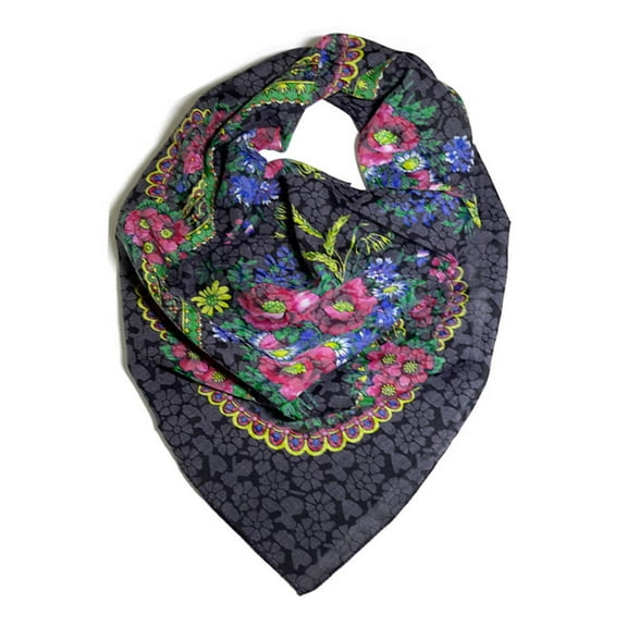 Traditional Polish Ukrainian Folk Cotton Head Scarf - Floral Black