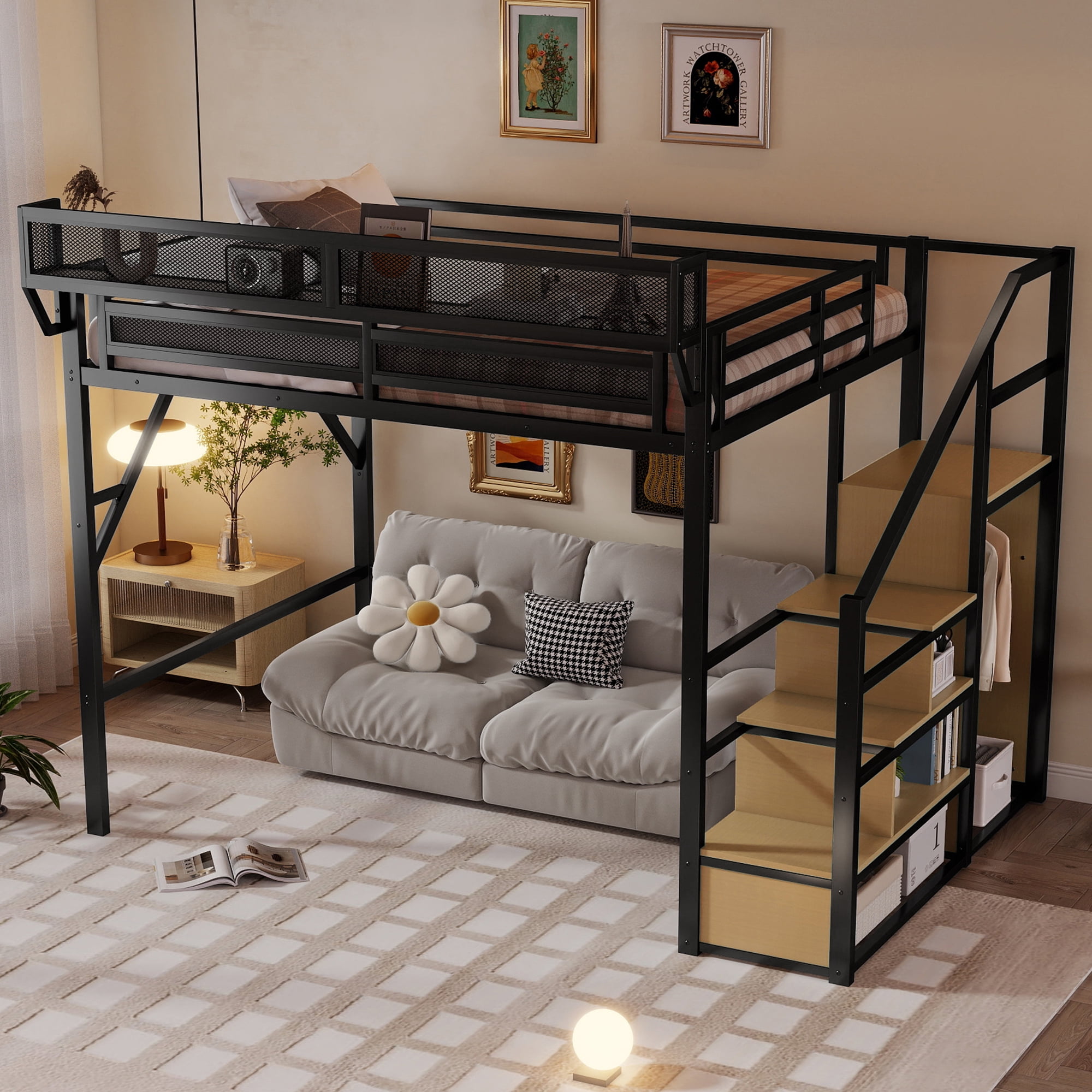 Mirightone Queen Heavy Duty Metal Loft Bed with Stairs, 800 lb Capacity, Storage Shelves and Wardrobe, Black