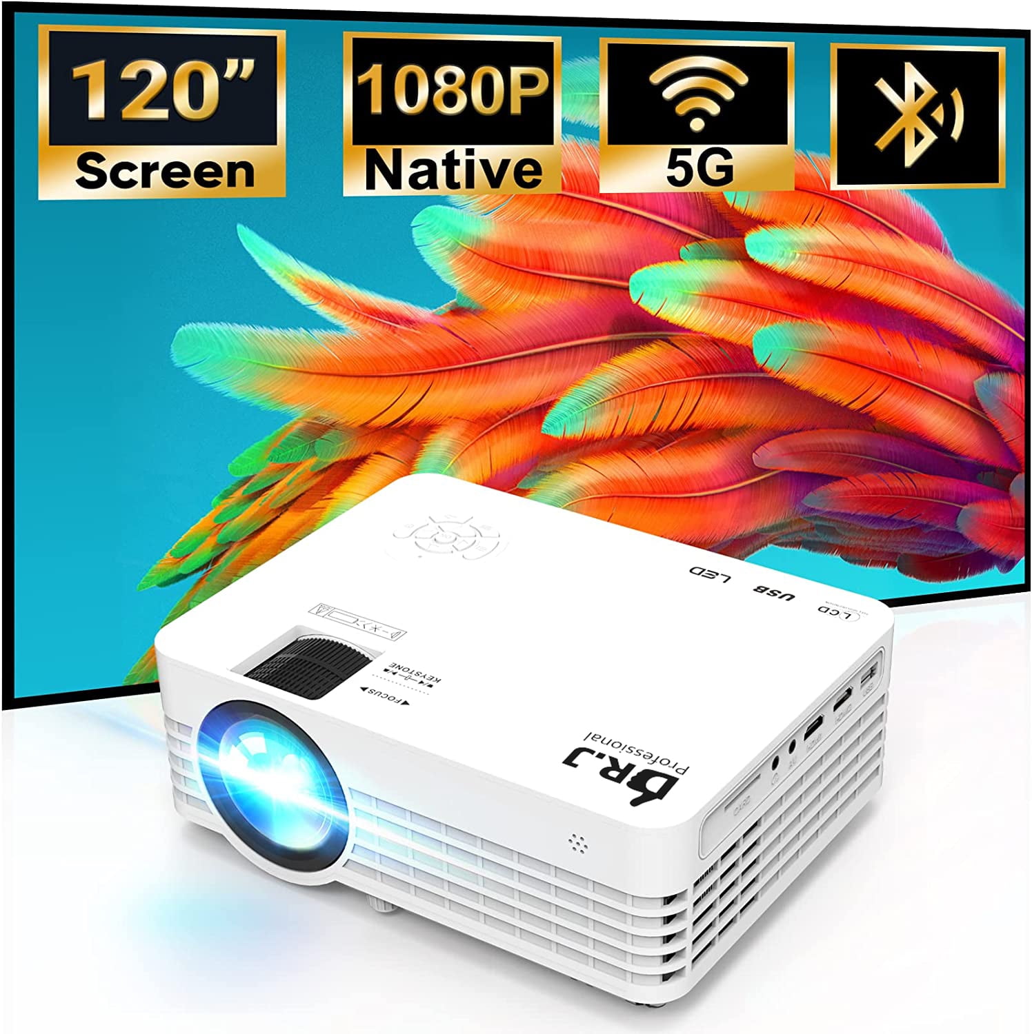 DR.J Professional Native 1080P 300" 5G WiFi Bluetooth Projector, 300