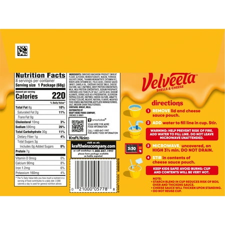 Velveeta Original Mac N Cheese Easy Microwaveable Dinner, 8 ct Pack, 2.39 oz Cups, Shelf-Stable