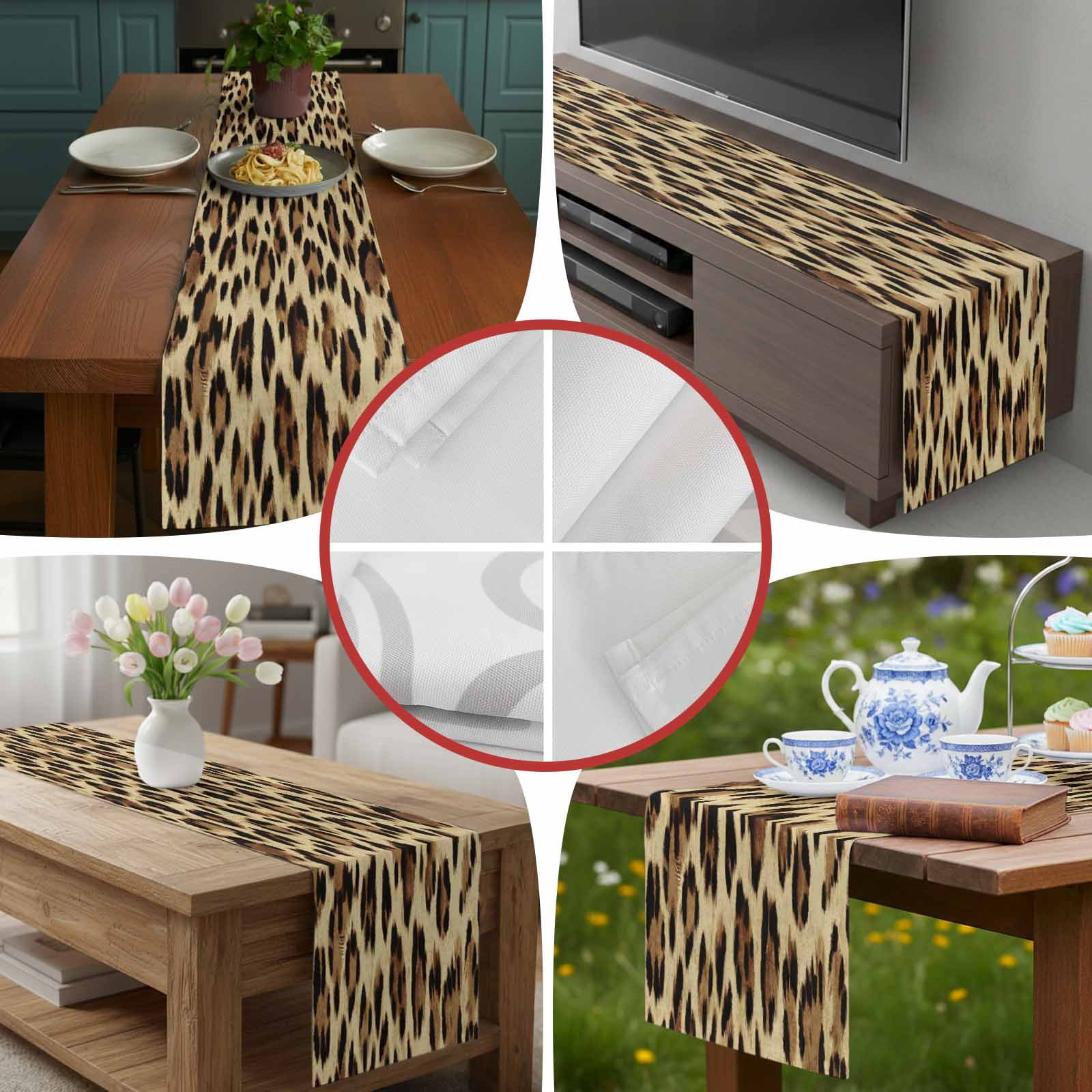 Abstract Leopard Print Table Runner 90 Inches Long, Brown Animal Spots Table Runners Tabletop Scarf Kitchen Dining Tables Decoration for Home Party Indoor Outdoor