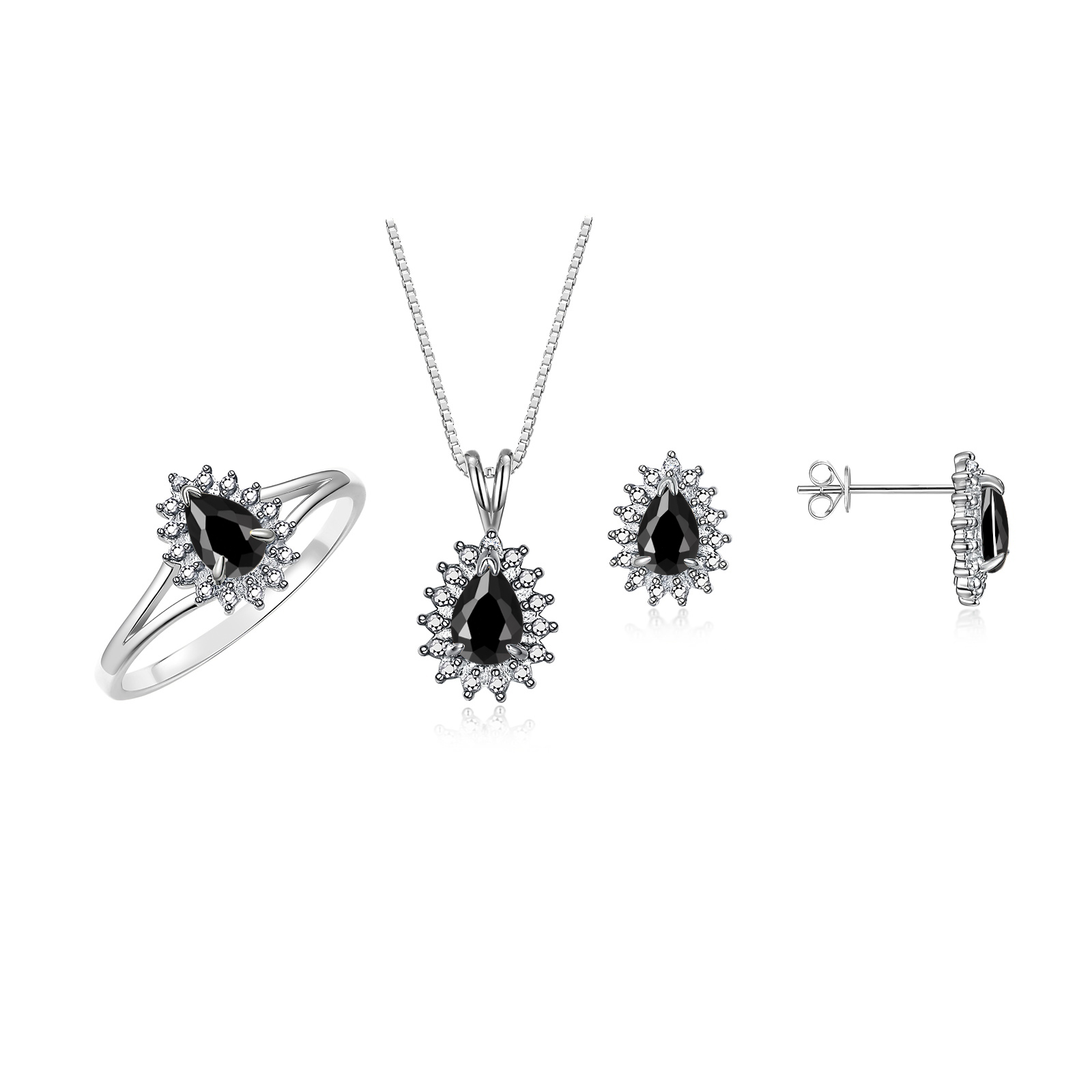 RYLOS Women's 14K White Gold Birthstone Set: Ring, Earring & Pendant Necklace. Gemstone & Diamonds, 6X4MM Onyx October Birthstone. Perfectly Matching Gold Jewelry, Size 6
