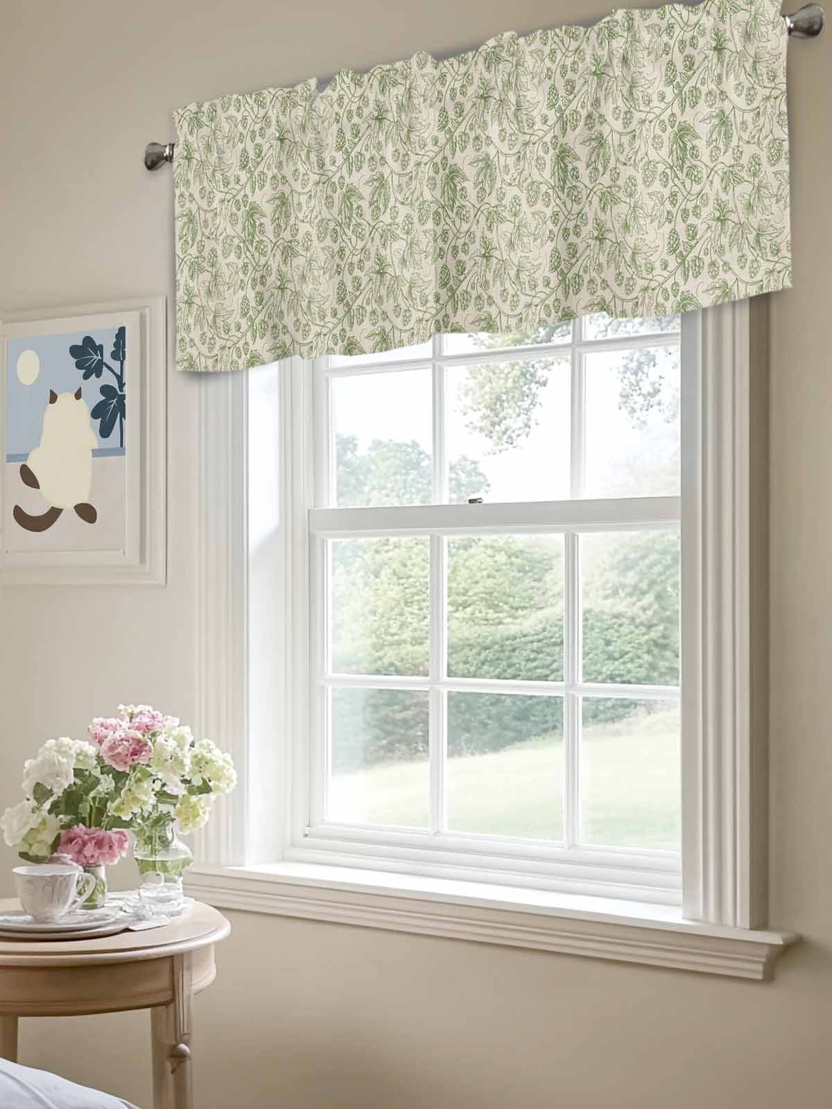Kitchen Valances for Window, Vintage Sage Green Botanical Light Filtering Rod Pocket Valance Curtain, Ombre Leaves Retro Linen Short Curtains Window Topper for Bedroom Bathroom Living Room 54x18in