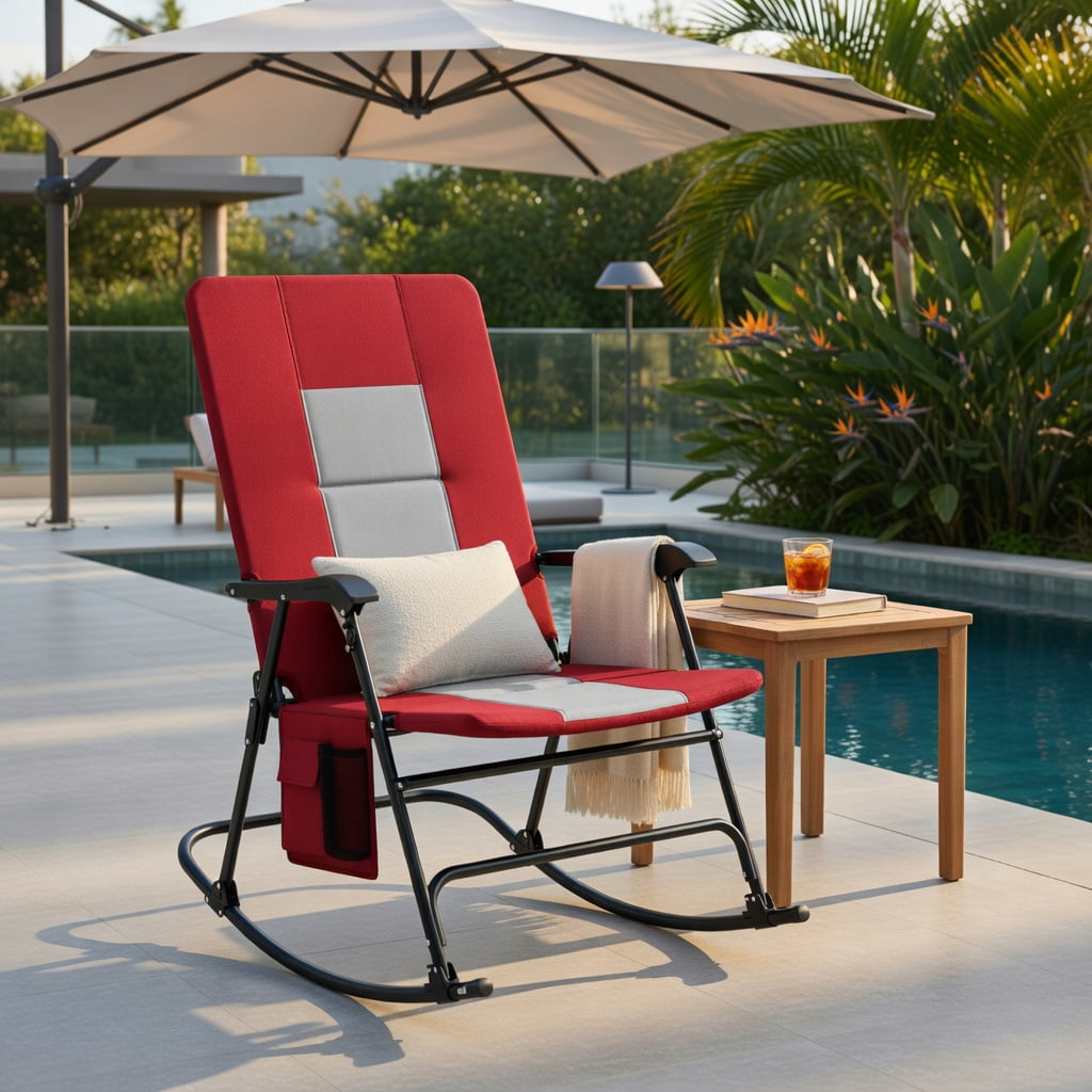 Hommoo Foldable Rocking Camping Chair with Padded Backrest, Armrests & Cup Holder, Outdoor Patio Lawn Chair, Red