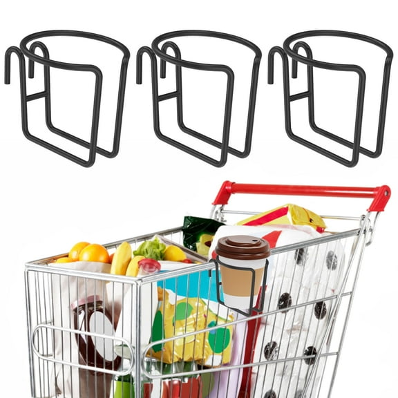 Grusce 4PCS Shopping Cart Cup Holder, Metal Grocery Cart Drink Holder with Bottom Bar, Hanging Drinking Cup Stand, Hanging Cups for Rolling Cart for Hanging Coffee and Drink Cup Bottle