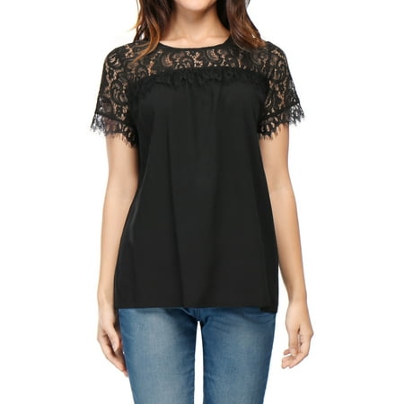 - Women Lace Panel Upper Semi Sheer Yoke Short Sleeves Blouse