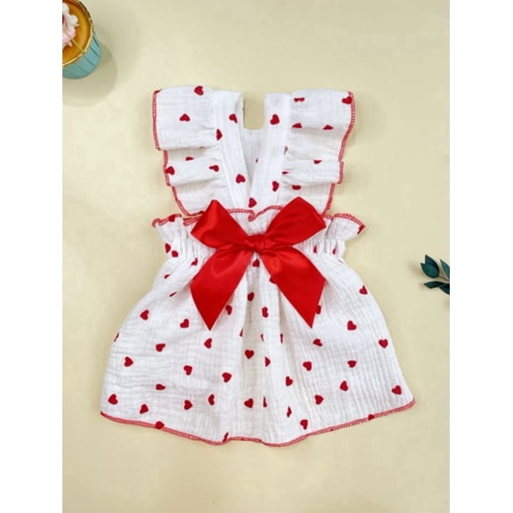 Heart Print Pet Dress with Red Bow – Cute Summer Dog Outfit for Dogs, Cats & Puppies
