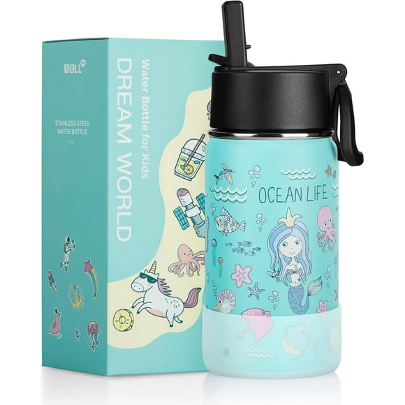 shiyou-Water Bottle with Straw Lid-12 oz Stainless Steel Double Wall Vacuum Insulated Water Bottle for Kids for School-Reusable Small Water Flask for Girls-Mermaid