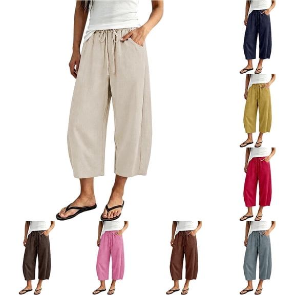 SONXAHE Womens Solid Cropped Pants Drawstring Waist Casual Travel Bottoms