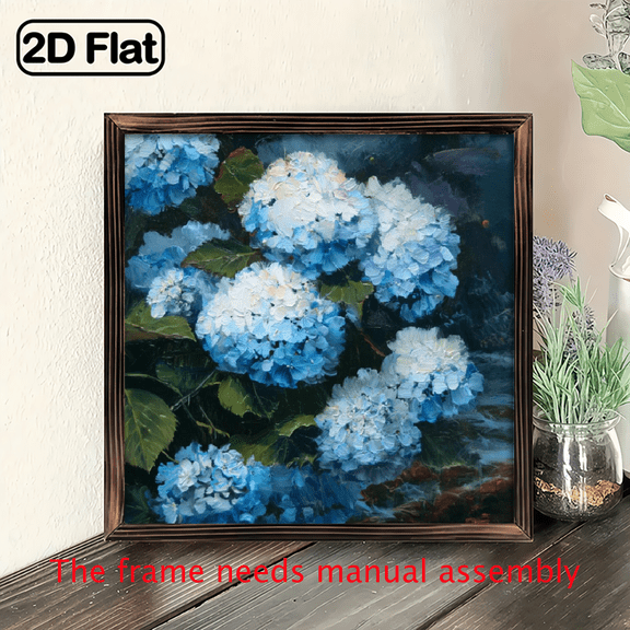 1pc Blue Hydrangea Rustic Wood Wall Art - Farmhouse Floral Decor with Vibrant Floral Painting, Wood Frame, 8x8 Inch, Perfect for Bedroom, Kitchen.