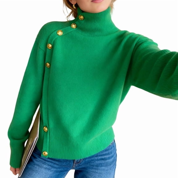 Women'S Long Sleeve Sweater with Gold Buttons Loose Fit Knitted Pullover Casual Tops Green S