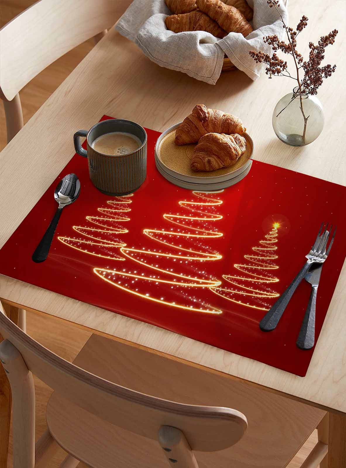 Winter Christmas Placemats Set of 8 Abstract Lights Tree Red Background Heat Insulation Washable Place Mats, Rustic Non-Slip Table Mats for Dining Table Party Kitchen Decor,13x19 Inch
