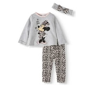 Disney Minnie Mouse Baby Girl French Terry Top, Leggings, & Headband, 3pc Outfit Set