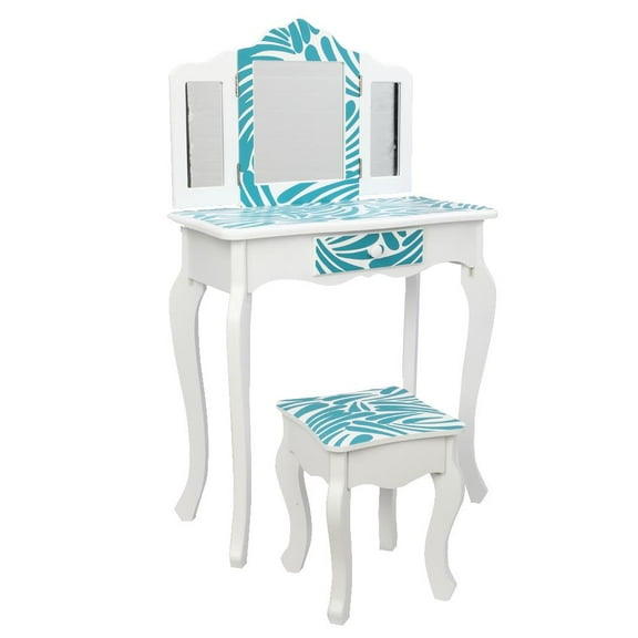 Winado Kids Vanity Table Set, Princess Wooden Dressing Table and Stool Vanity Set, Little Girls Pretend Beauty Makeup Playset w/Mirror & Stool,Blue